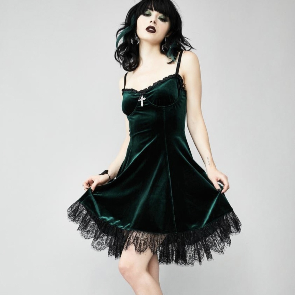 Widow Dolls Kill Blind Faith Dress - forest green velvet dress